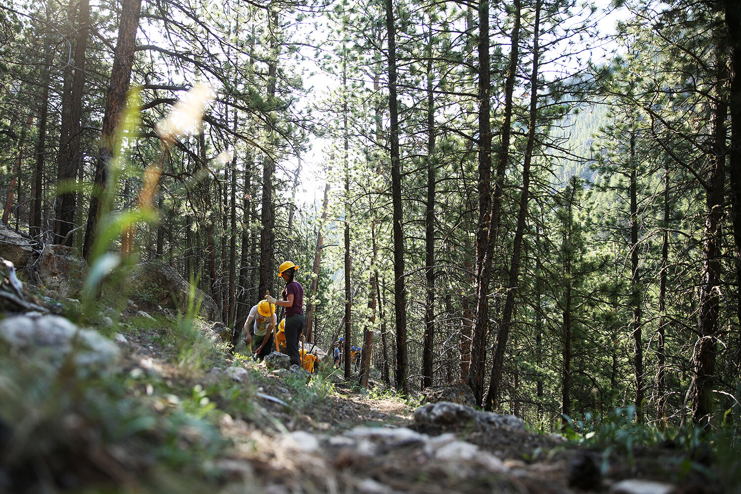 Beth Vanderborgh finishes raking her part of the trail
